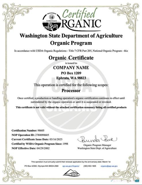 USA Washington organic certificate of company Word and PDF template